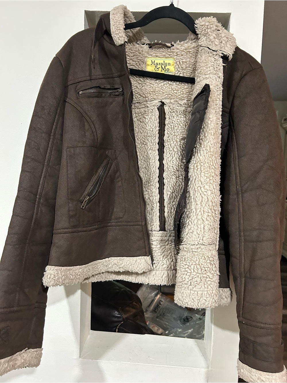 Maralyn & Me Chocolate Brown Faux Shearling Jacket with Cream Lining